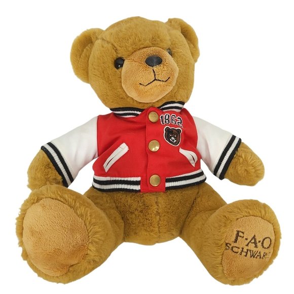 FAO Schwarz Teddy Bear Plush Varsity Jacket 12" Stuffed Animal Toy Brown Red - Picture 5 of 11